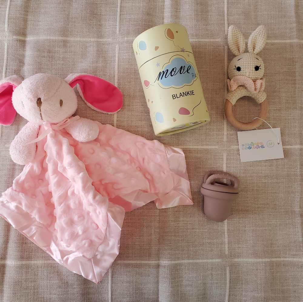 3 PIECE BABY BUNDLE Pink Bunny Blankie Bunny Rattle Toy Fresh Fruit Teether
